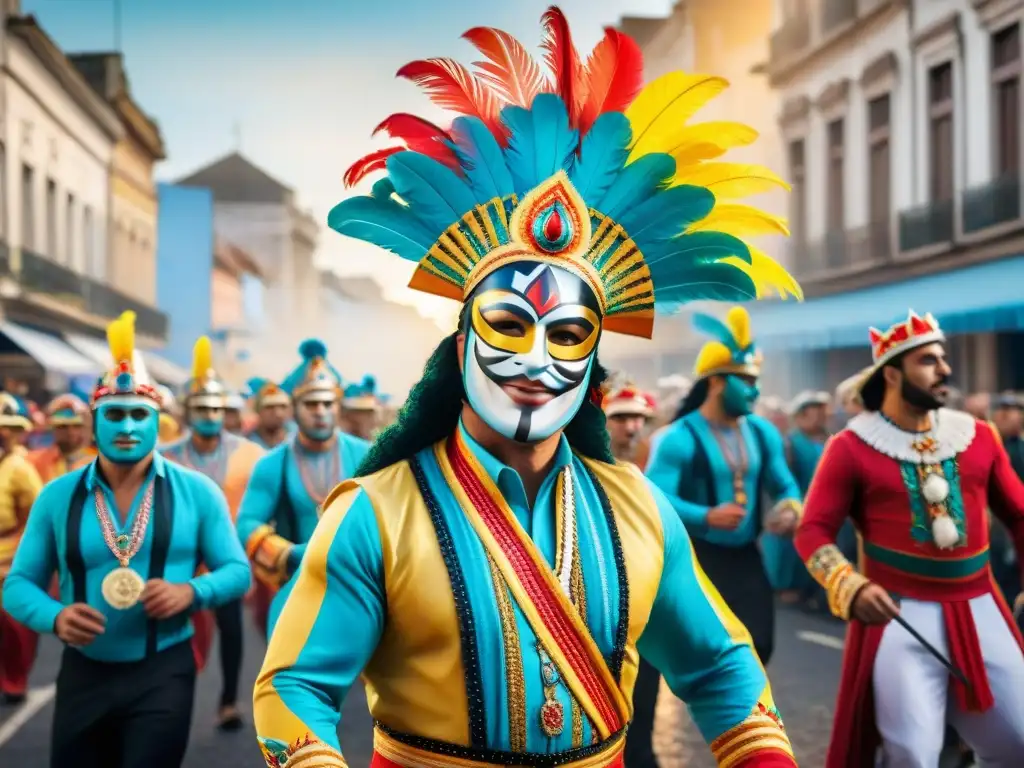 Deslumbrante desfile de Carnaval en Uruguay con vibrante vestuario y ritmo festivo