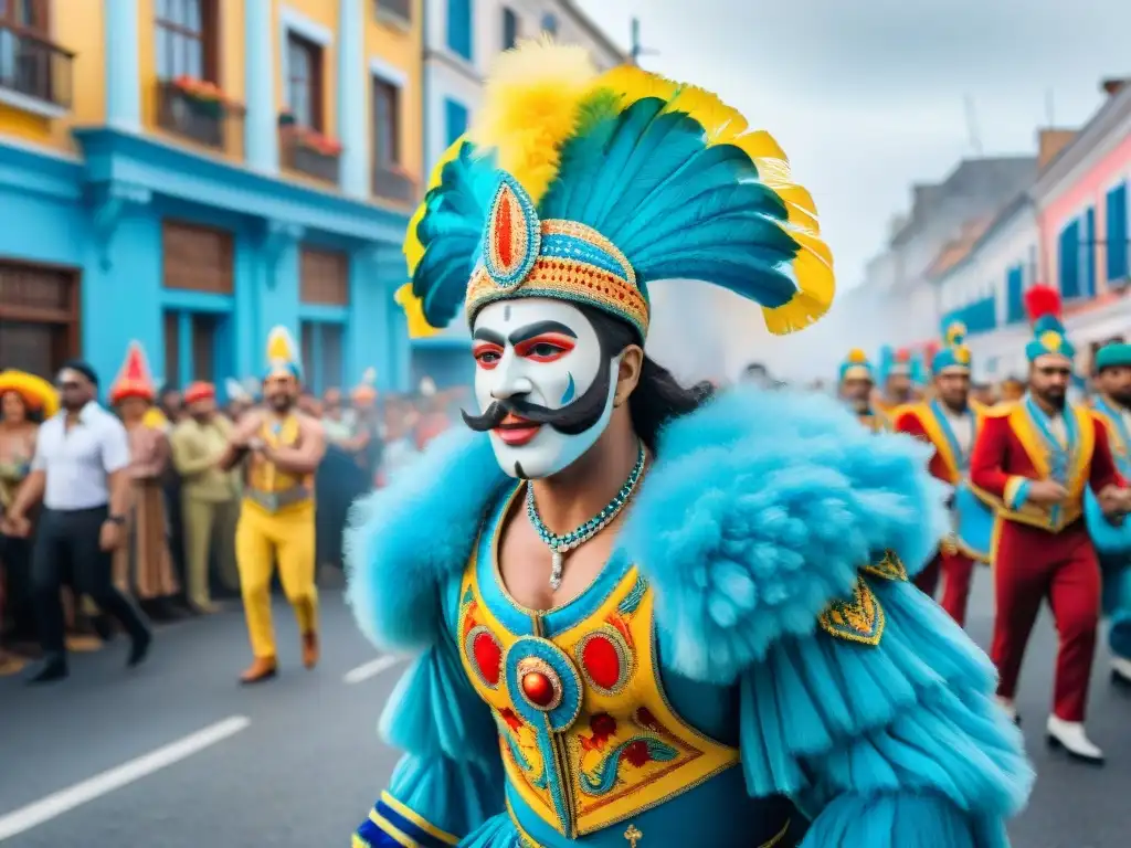 Deslumbrante desfile de Carnaval en Uruguay con vibrantes colores y energía, estrategia marketing campaña Carnaval Uruguay