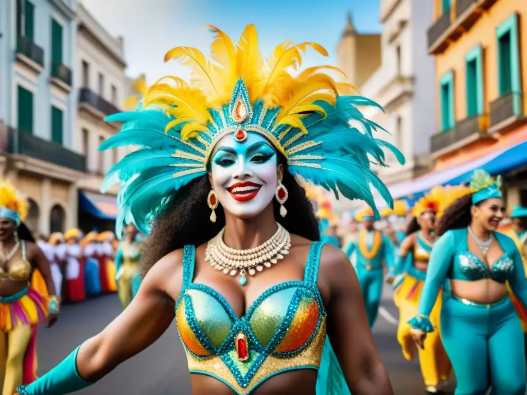 Deslumbrante desfile de Carnaval en Montevideo, Uruguay, con vibrantes trajes y coloridas carrozas