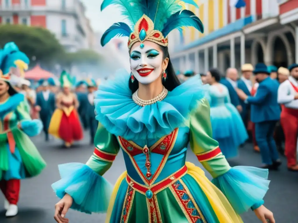 Deslumbrante desfile de comparsas en el carnaval de Uruguay con colores vibrantes y energía festiva