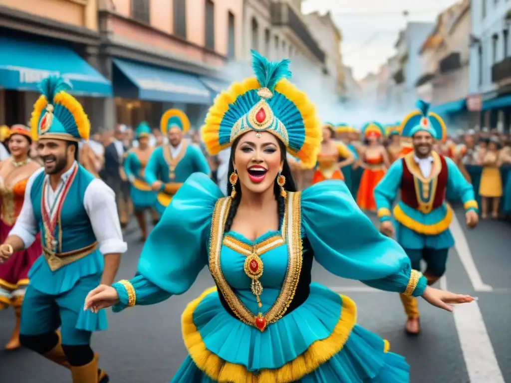 Deslumbrante desfile de comparsas tradicionales uruguayas en el carnaval, lleno de coloridos bailarines y música energética