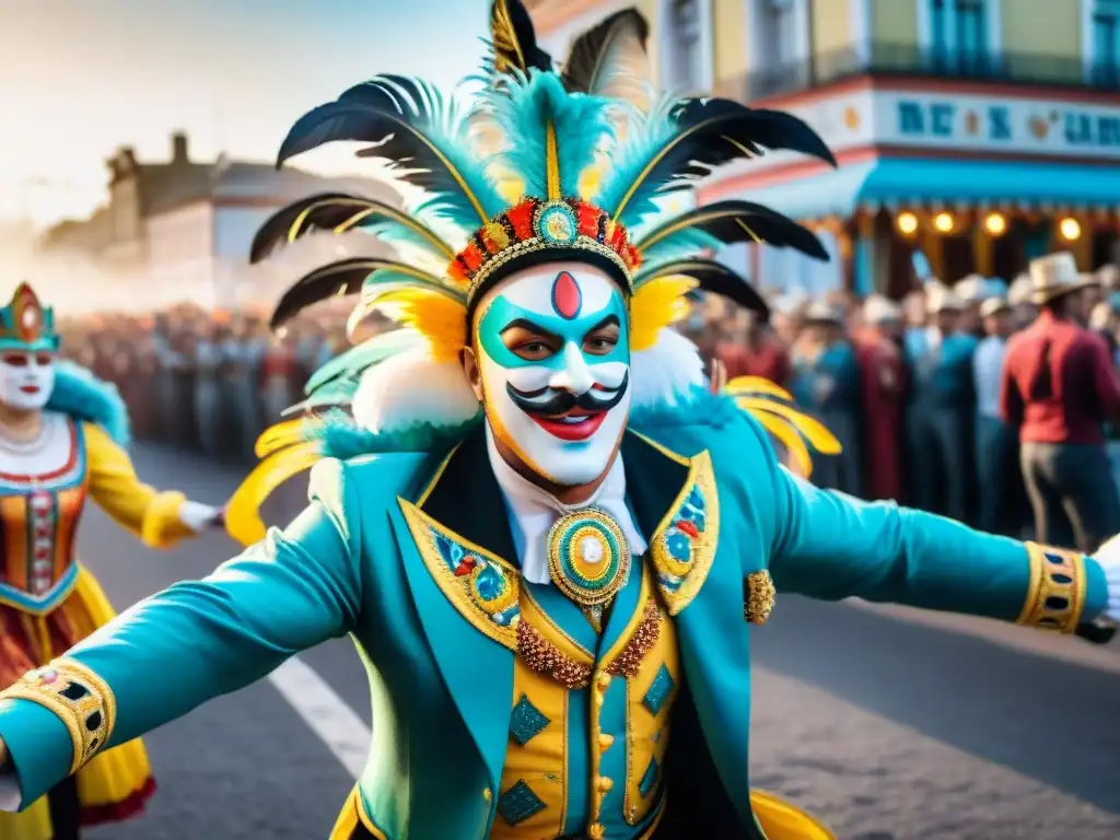 Deslumbrante desfile de comparsas en el vibrante Carnaval de Uruguay, con figuras icónicas y colores festivos