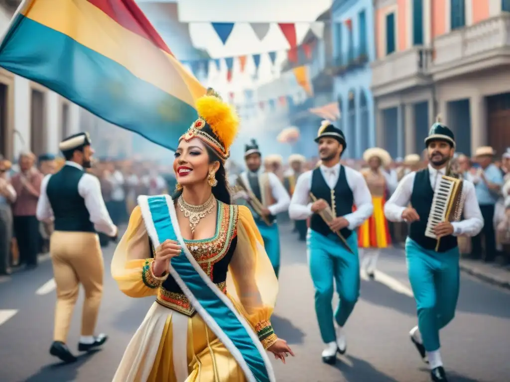 Deslumbrante desfile de danzarines con vestuario colorido durante el Carnaval en Uruguay, fusionando tradición y creatividad en las calles