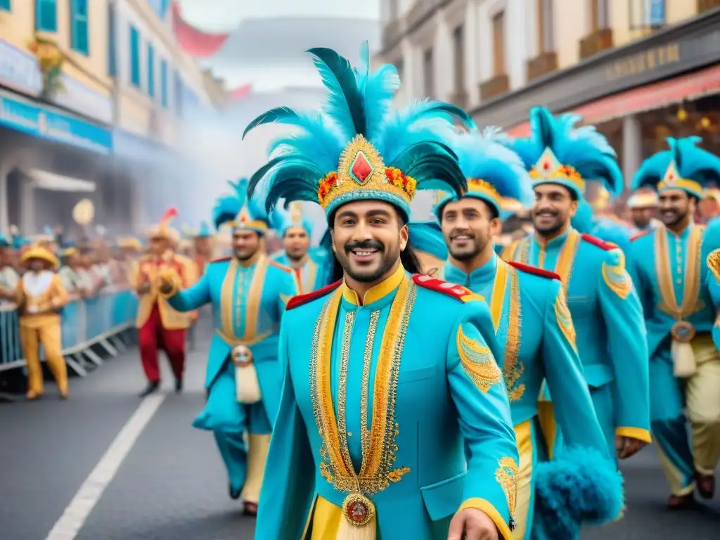 Deslumbrante desfile de Grupos de Carnaval Uruguayo reconocidos internacionalmente, con colores vibrantes y alegría contagiosa