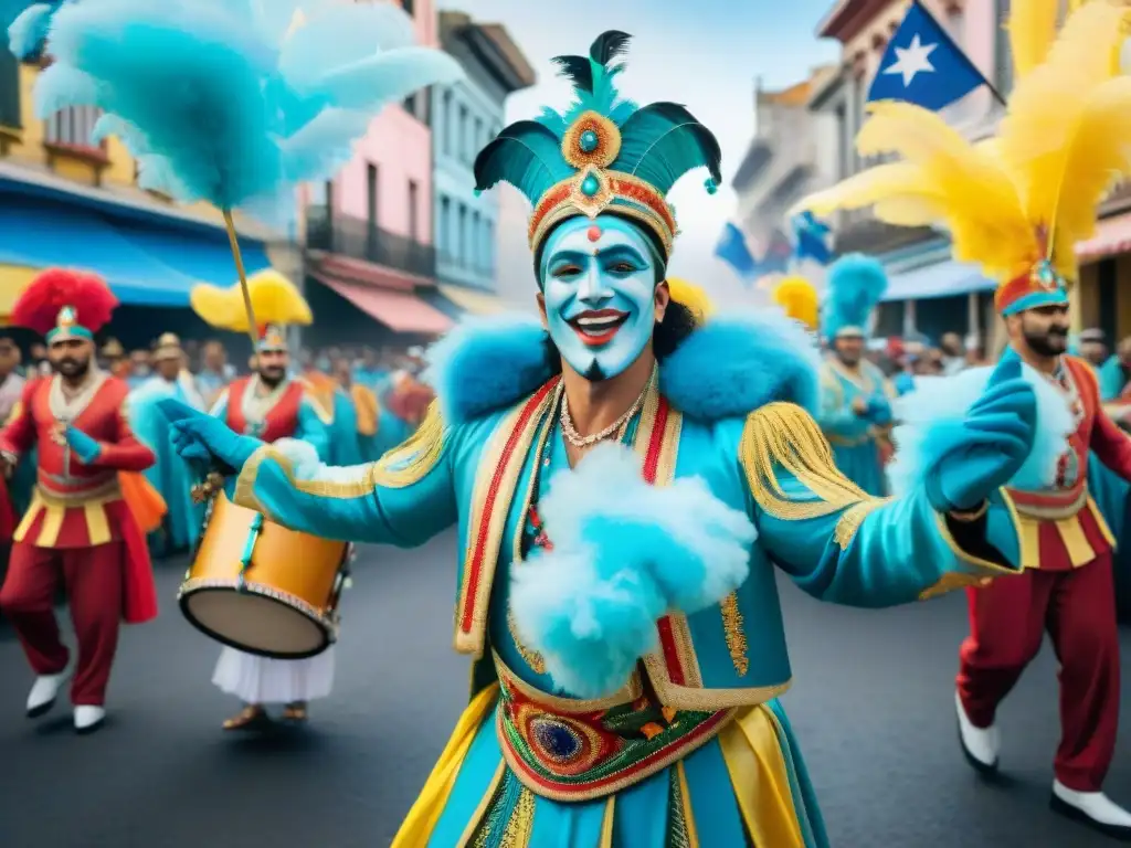 Deslumbrante desfile multicultural en el Carnaval Uruguayo, reflejando la contribución de inmigrantes a la evolución festiva