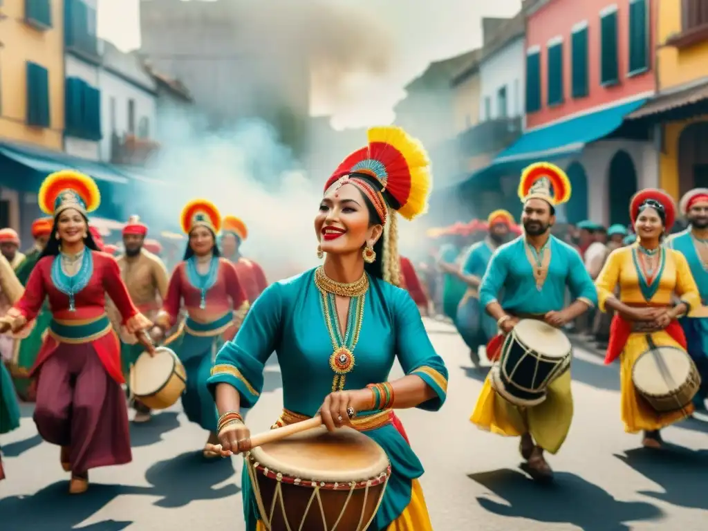 Deslumbrante desfile de murga con músicos y bailarines, vibrante y lleno de color