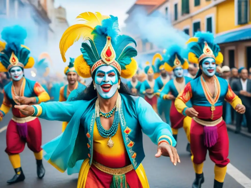 Un deslumbrante desfile de Murgas innovadoras en Carnaval Uruguayo, celebrando con pasión y color en las calles festivas