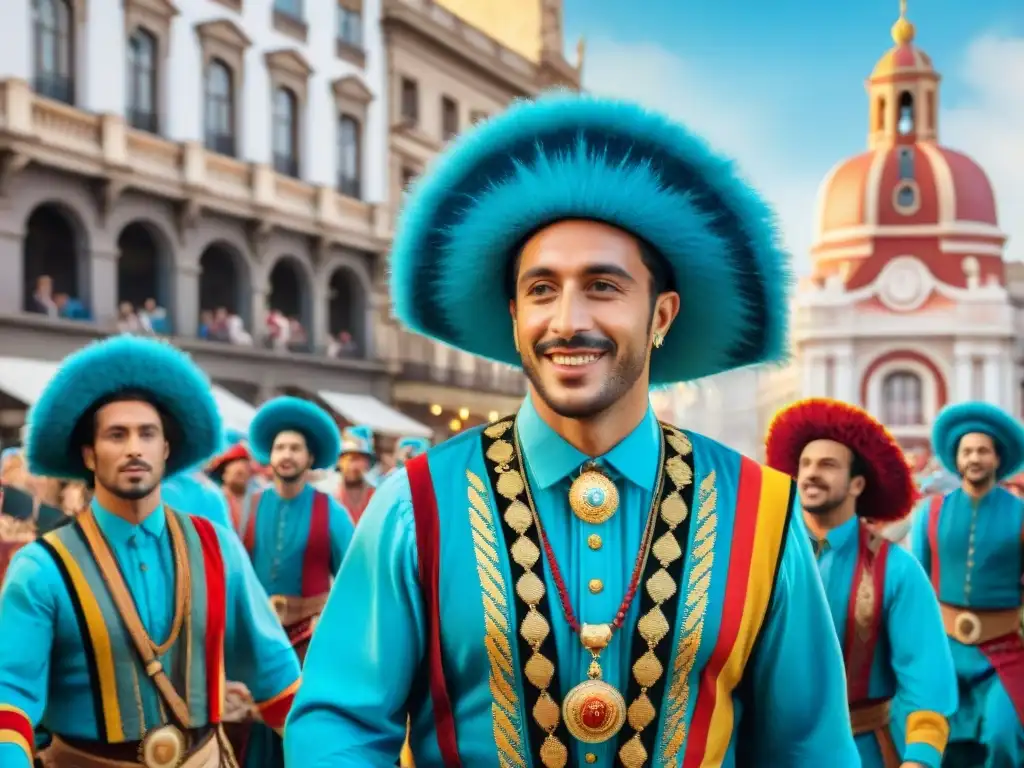 Deslumbrante desfile de murgas uruguayas en el mundo, con trajes coloridos y música vibrante frente a emblemáticos paisajes de Uruguay