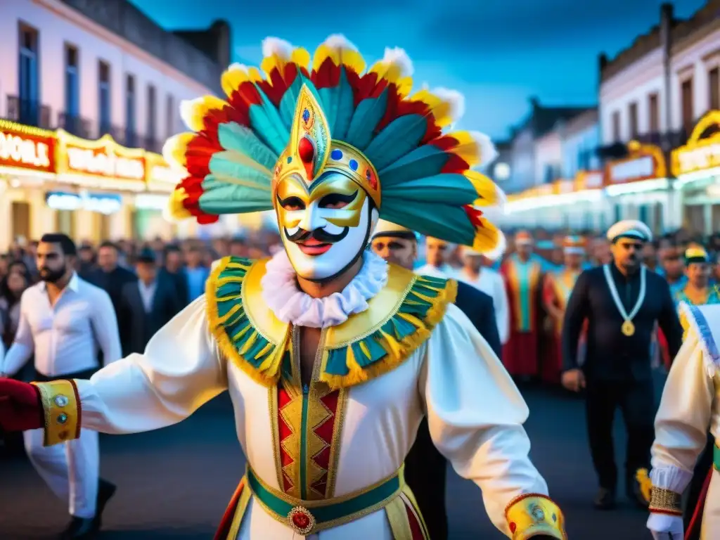 Deslumbrante desfile nocturno de Carnaval en Uruguay, con carrozas iluminadas y multitud animada, fusionando tradición y tecnología