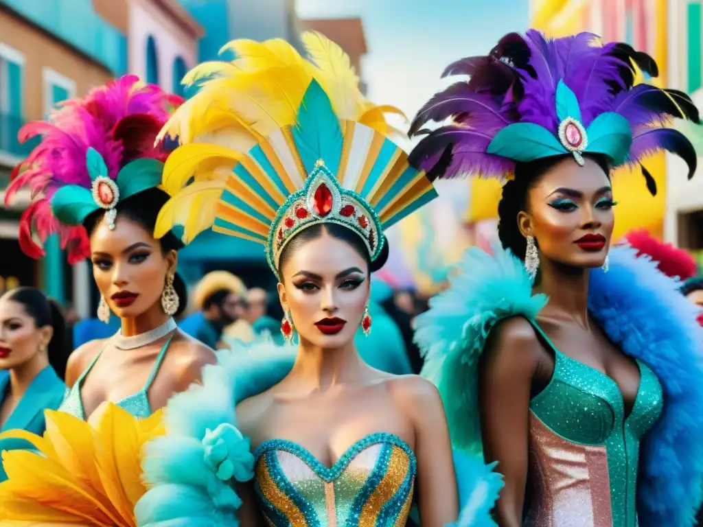 Un deslumbrante desfile de reinas y showgirls del Carnaval Uruguayo, con trajes coloridos de materiales reciclados