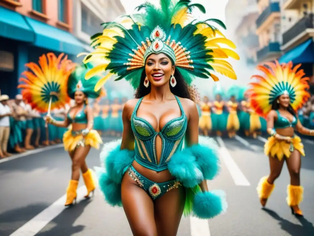 Deslumbrante desfile de samba en Uruguay con residuo cero en escuelas, plumas y lentejuelas brillantes