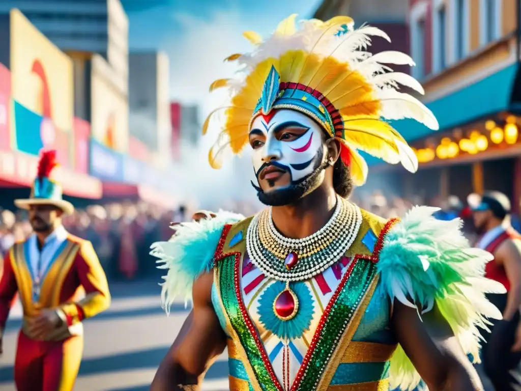 Un deslumbrante despliegue de colores y energía en el desfile del Carnaval Uruguayo, fusionando storytelling y tradición