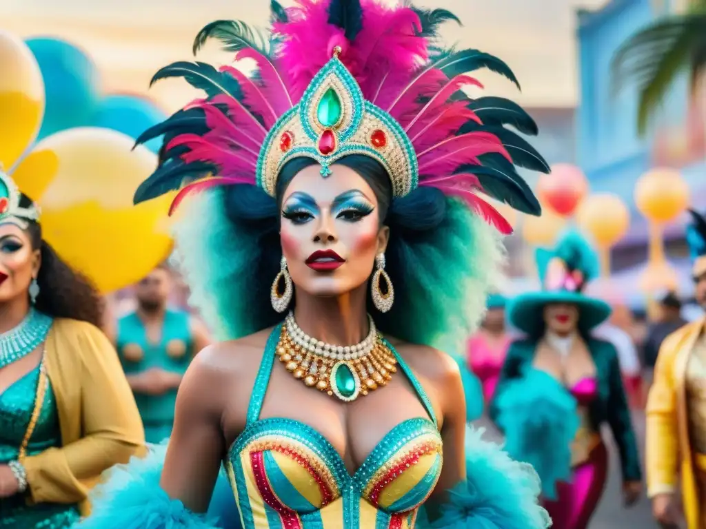 Un deslumbrante dibujo de acuarela que muestra a Drag Queens en Carnaval Uruguayo, celebrando la diversidad con confianza y colorido