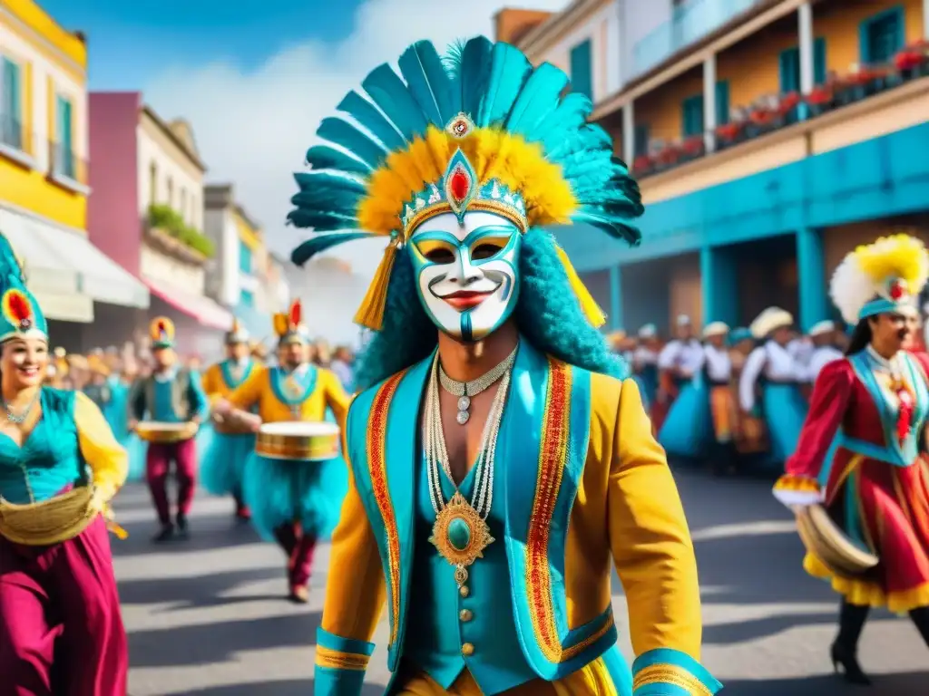 Deslumbrante digitalización de música del Carnaval Uruguayo: desfile de bailarines y músicos en un vibrante carnaval