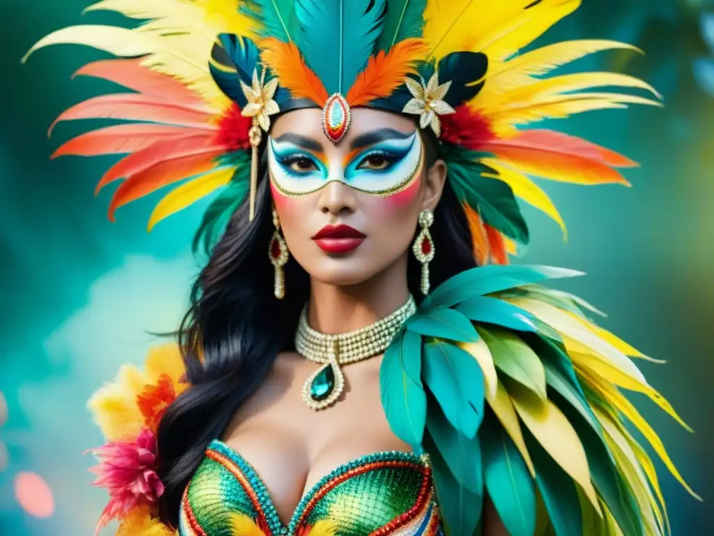 Deslumbrante diseño de vestuario de carnaval inspirado en un paraíso tropical, con detallados bordados y plumas vibrantes