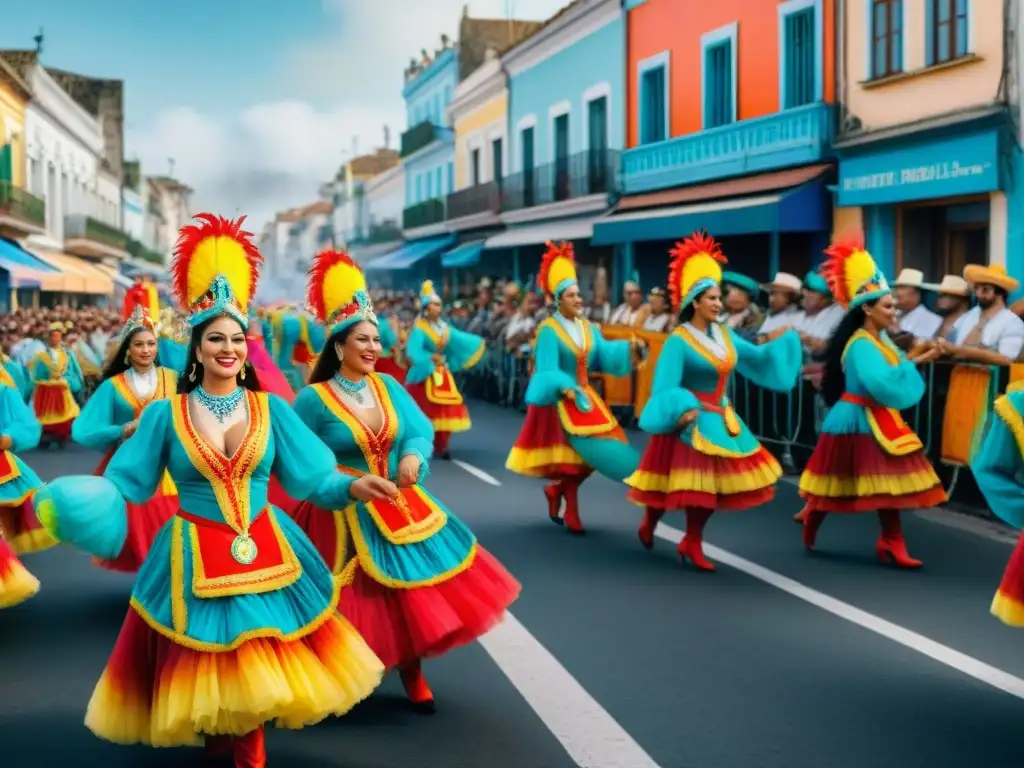 Deslumbrante diseño web para Carnaval Uruguayo con desfile vibrante y colorido, danzas tradicionales y música festiva