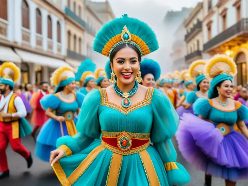 Deslumbrante escena callejera del Carnaval Uruguayo, con vibrantes colores y energía comunitaria