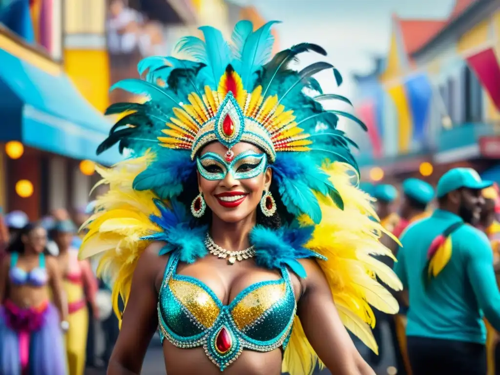 Deslumbrante escena de Carnaval con técnicas avanzadas de danza en vibrantes trajes y plumas