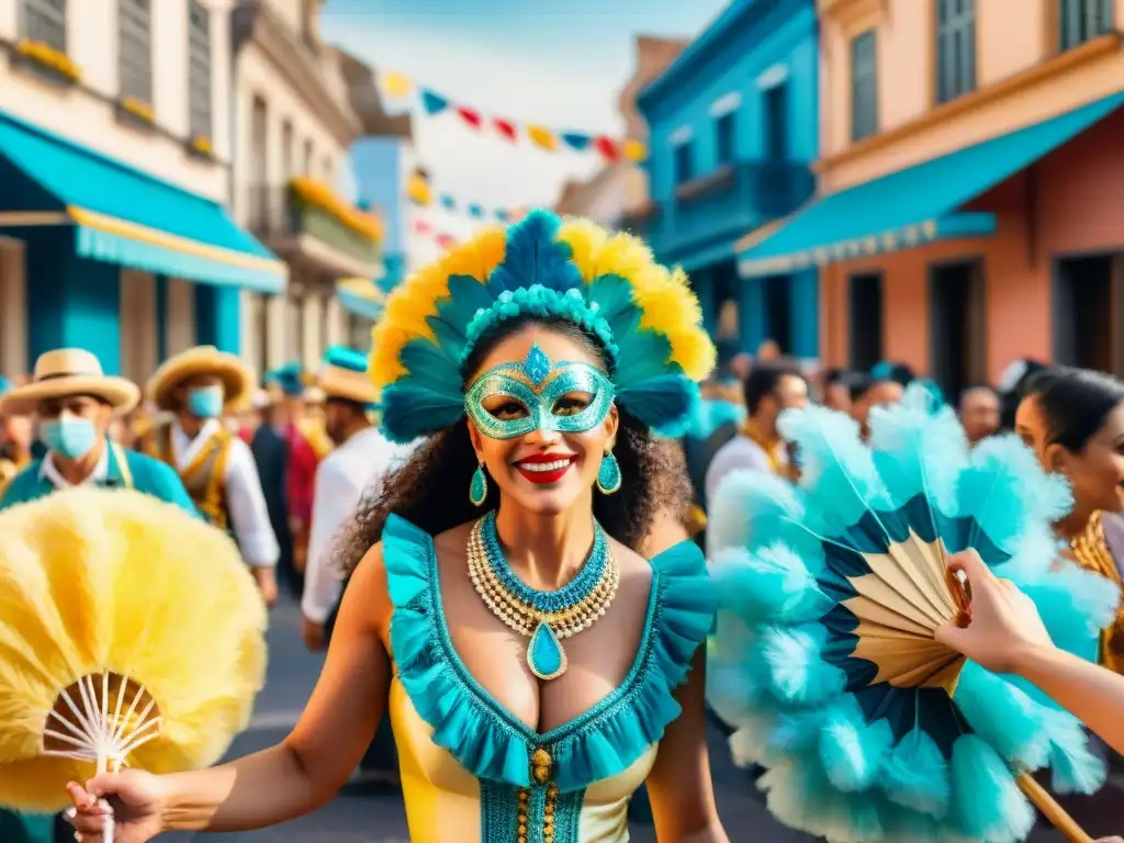 Deslumbrante escena del Carnaval Uruguayo con deslumbrantes colores y energía festiva, desafiando los desafíos socioeconómicos