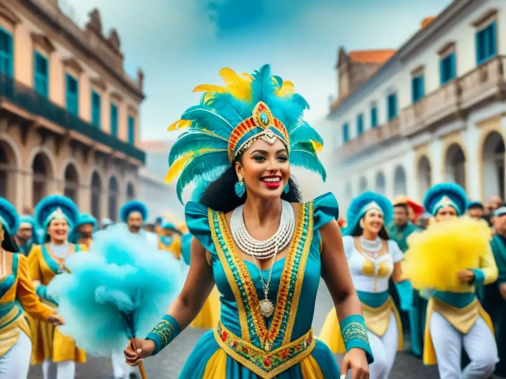 Deslumbrante ilustración acuarela capturando la esencia del Carnaval Uruguayo: desfile colorido, música alegre y edificios coloniales festivos