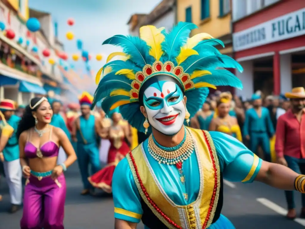 Deslumbrante pintura acuarela del alegre desfile de carnaval en Uruguay