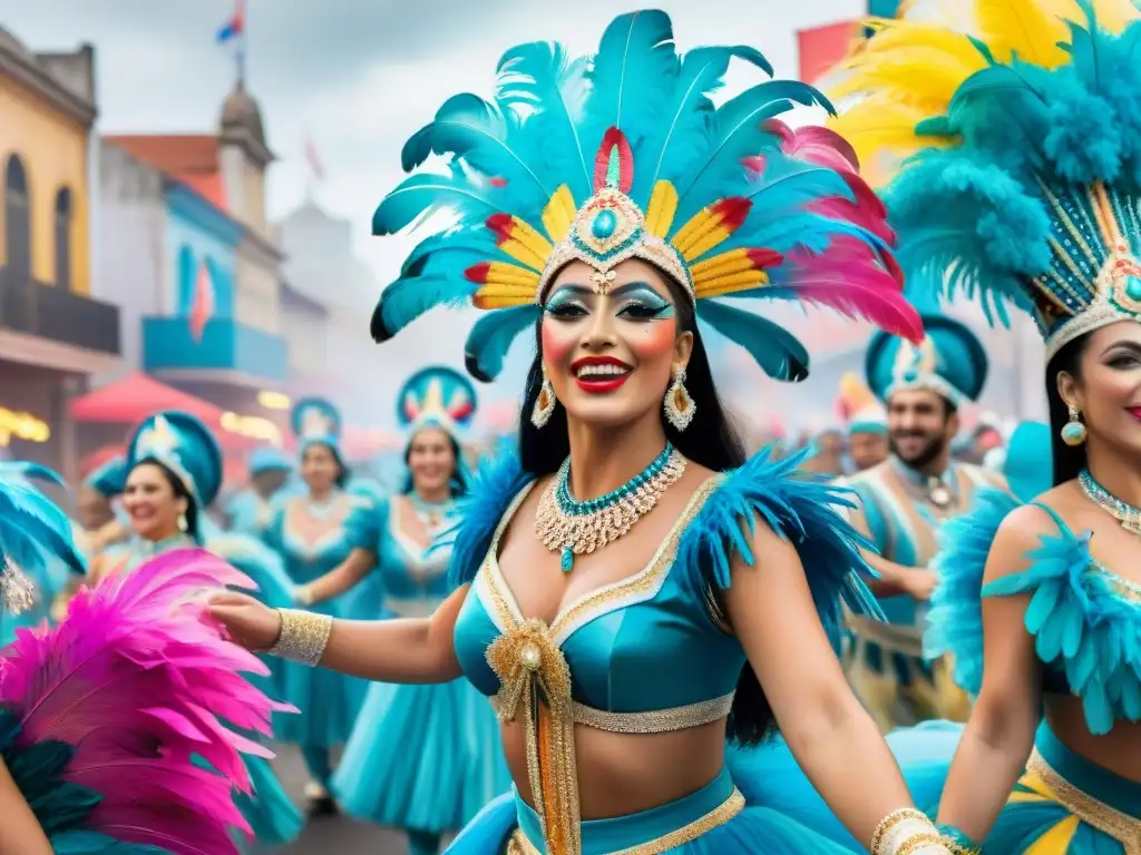 Deslumbrante pintura acuarela de bailarines de carnaval uruguayo en trajes tradicionales, creando una atmósfera festiva