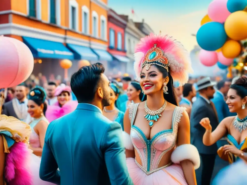 Deslumbrante pintura acuarela del Carnaval Uruguayo con carrozas coloridas, bailarines y espectadores alegres