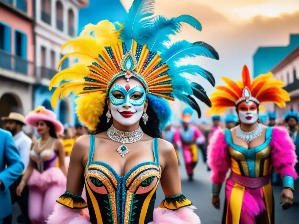 Deslumbrante pintura acuarela del Carnaval Uruguayo, resaltando la herencia cultural y tradiciones festivas