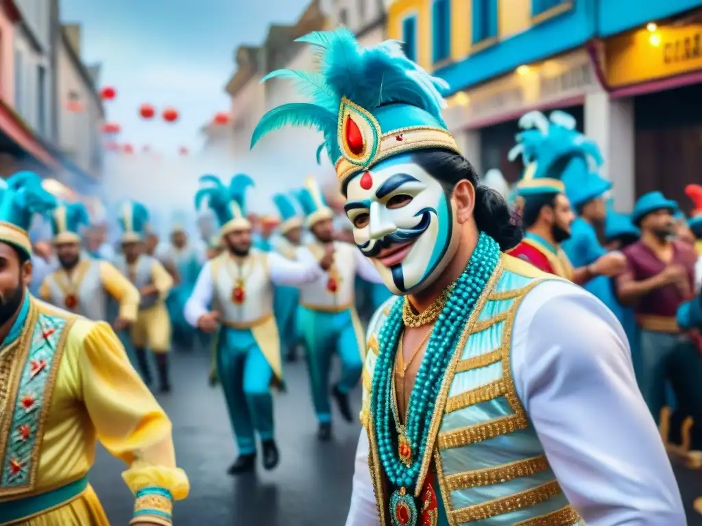 Deslumbrante pintura acuarela del Carnaval en Uruguay, con detalles de disfraces y música tradicional