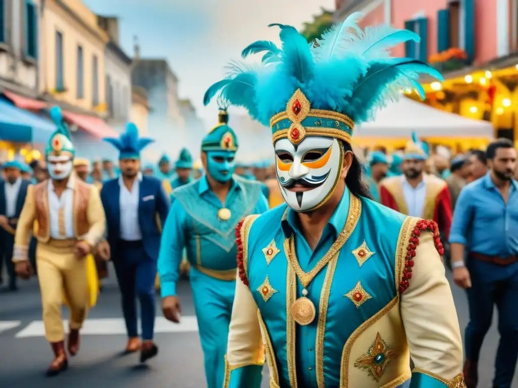 Deslumbrante pintura acuarela de Carnaval en Uruguay con trajes históricos