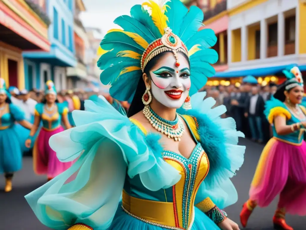 Deslumbrante pintura acuarela del Carnaval Uruguayo con bailarines coloridos, música y multitudes