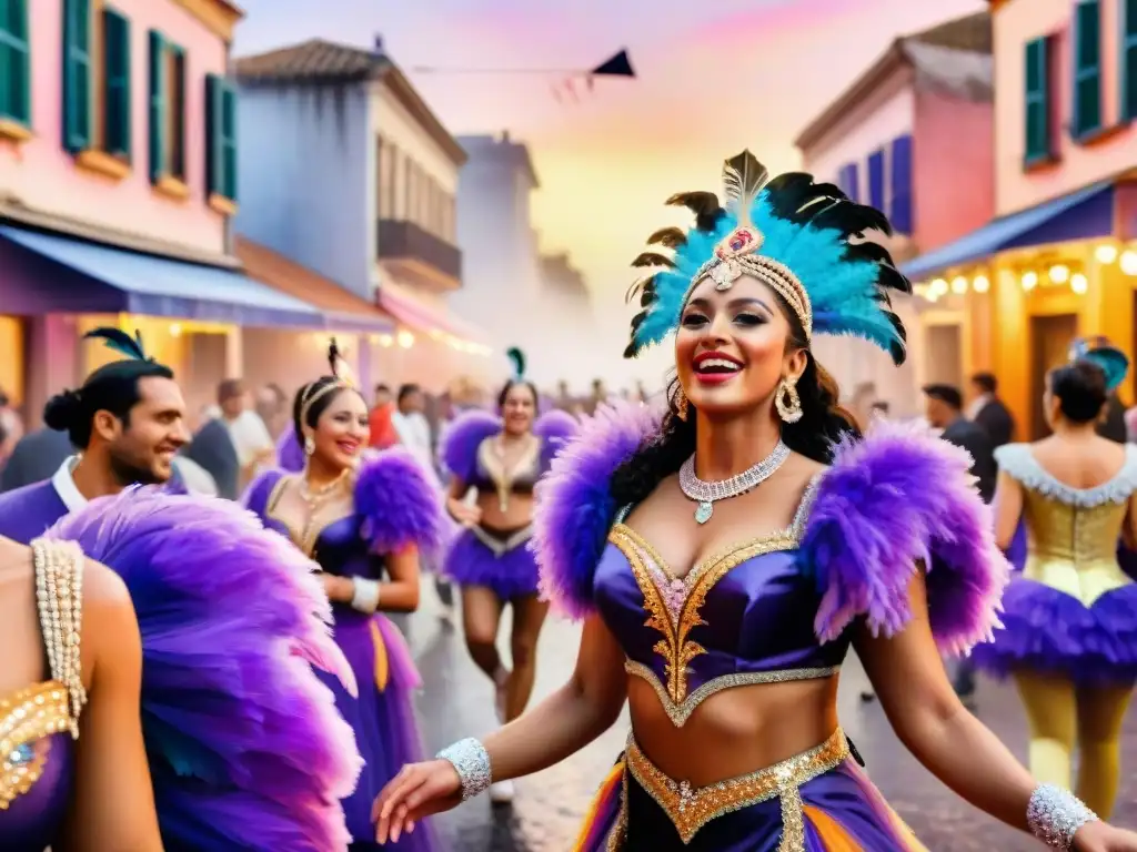 Deslumbrante pintura acuarela de Carnaval en Uruguay con bailarines coloridos y edificios coloniales, ideal para hoteles Carnaval Uruguay reserva