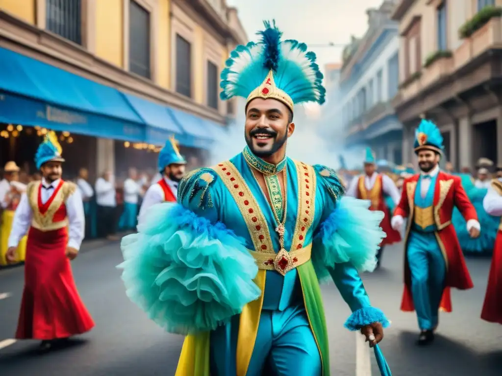 Deslumbrante pintura acuarela de una comparsa en el Carnaval Uruguayo festivales internacionales