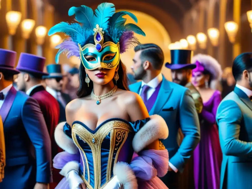 Deslumbrante pintura acuarela del lujoso Carnaval Uruguayo, con elegantes asistentes enmascarados y trajes extravagantes