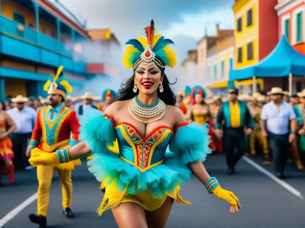 Deslumbrante pintura acuarela del vibrante Carnaval Uruguayo, con bailarines y coloridos carros