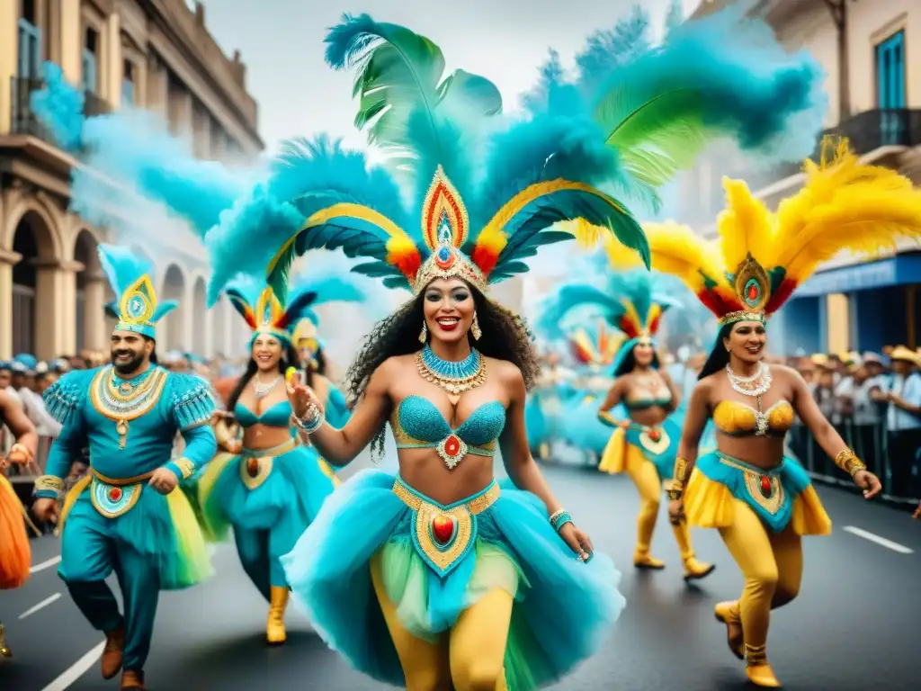 Deslumbrante pintura acuarela del vibrante Carnaval en Uruguay, con bailarines y carrozas coloridas