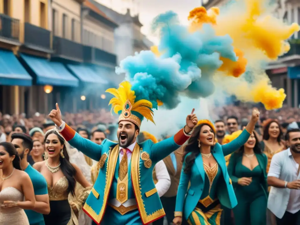 Deslumbrante pintura acuarela 8k del Carnaval Uruguayo con trajes de diseñadores contemporáneos