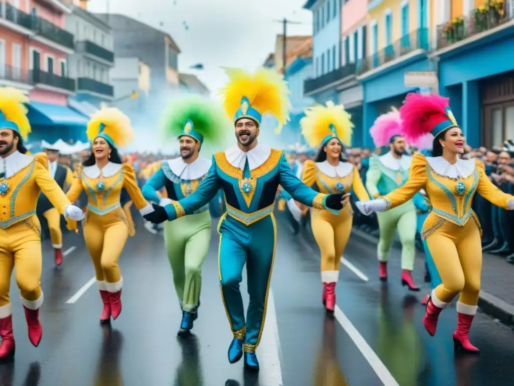 Deslumbrante pintura acuarela detallada de bailarines de carnaval en Uruguay, con espectadores y confeti