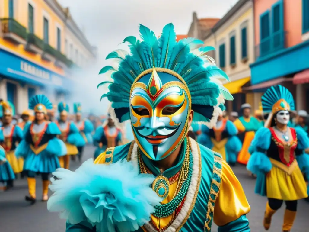 Deslumbrante promoción efectiva del Carnaval Uruguayo: colorido desfile con máscaras, trajes y bailes vibrantes