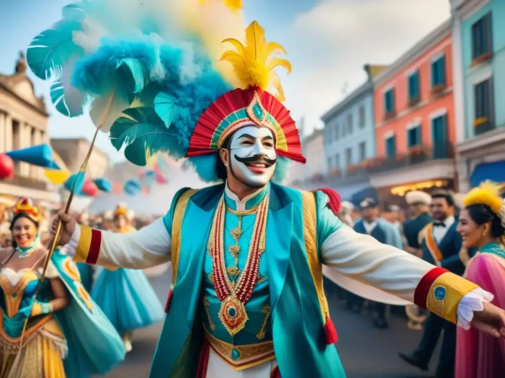 Deslumbrante publicidad exterior en el Carnaval uruguayo con danzas y música tradicional en un vibrante desfile de carrozas