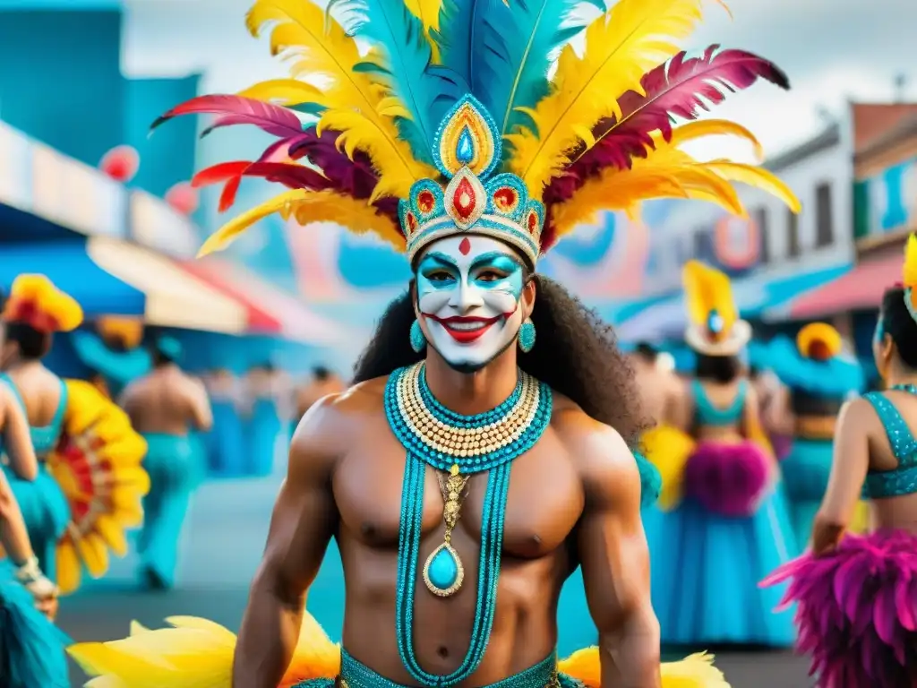 Deslumbrante vestuario de Carnaval uruguayo resalta la importancia del vestuario en Carnaval con plumas, lentejuelas y coloridos detalles