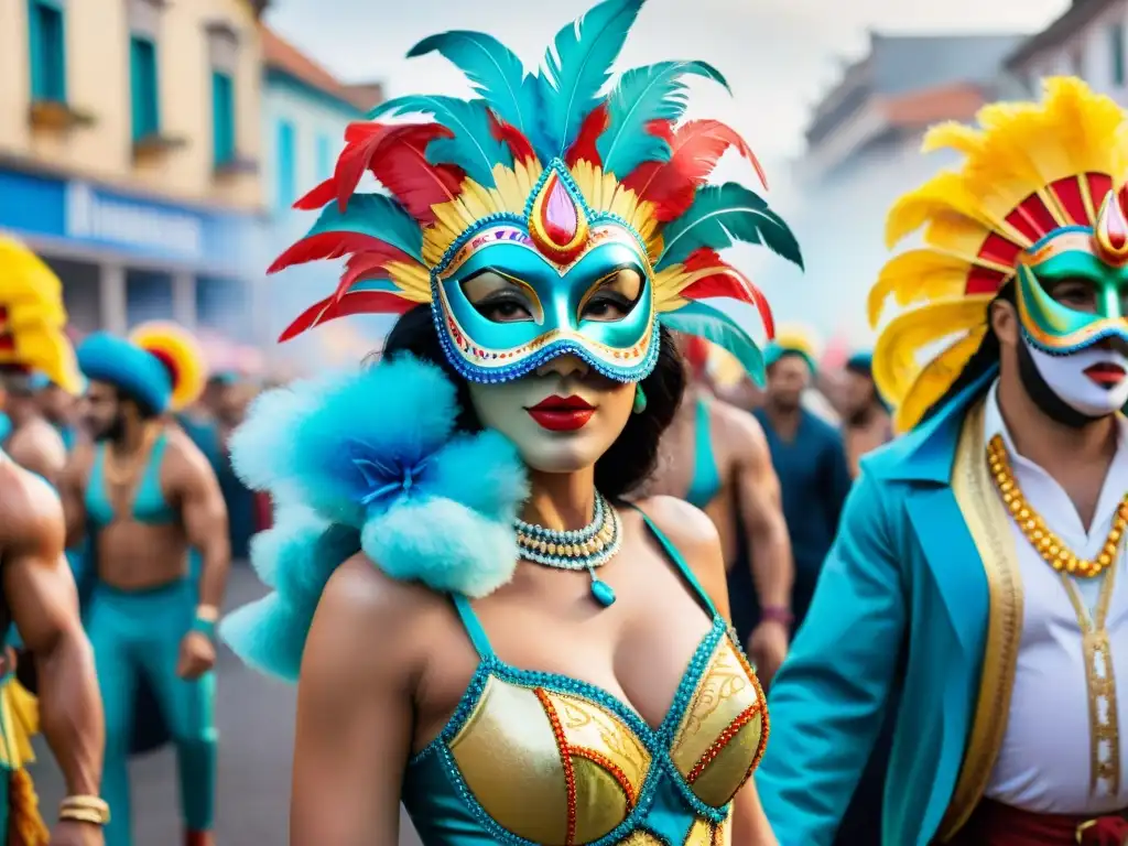 Deslumbrante ilustración acuarela del vibrante Carnaval Uruguayo con máscaras elaboradas, danzarines y espectadores animados