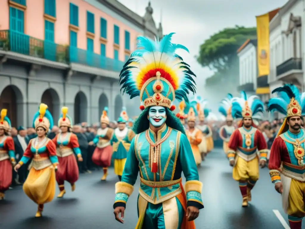 Deslumbrante ilustración acuarela del vibrante Carnaval Uruguayo, reflejando la sostenibilidad y la huella ambiental