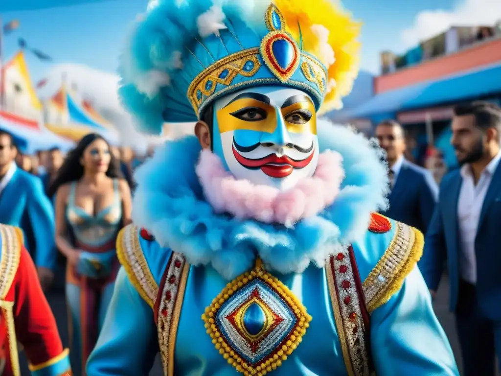 Deslumbrante ilustración acuarela del vibrante desfile de carnaval en Uruguay, con carros alegóricos, bailarines y multitudes bajo un cielo azul