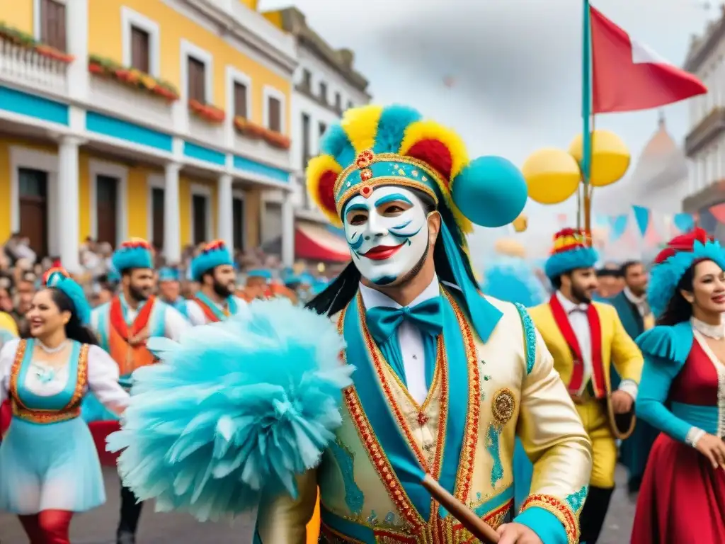 Deslumbrante ilustración acuarela del vibrante desfile del carnaval uruguayo, con bailarines y músicos en trajes elaborados y carrozas coloridas