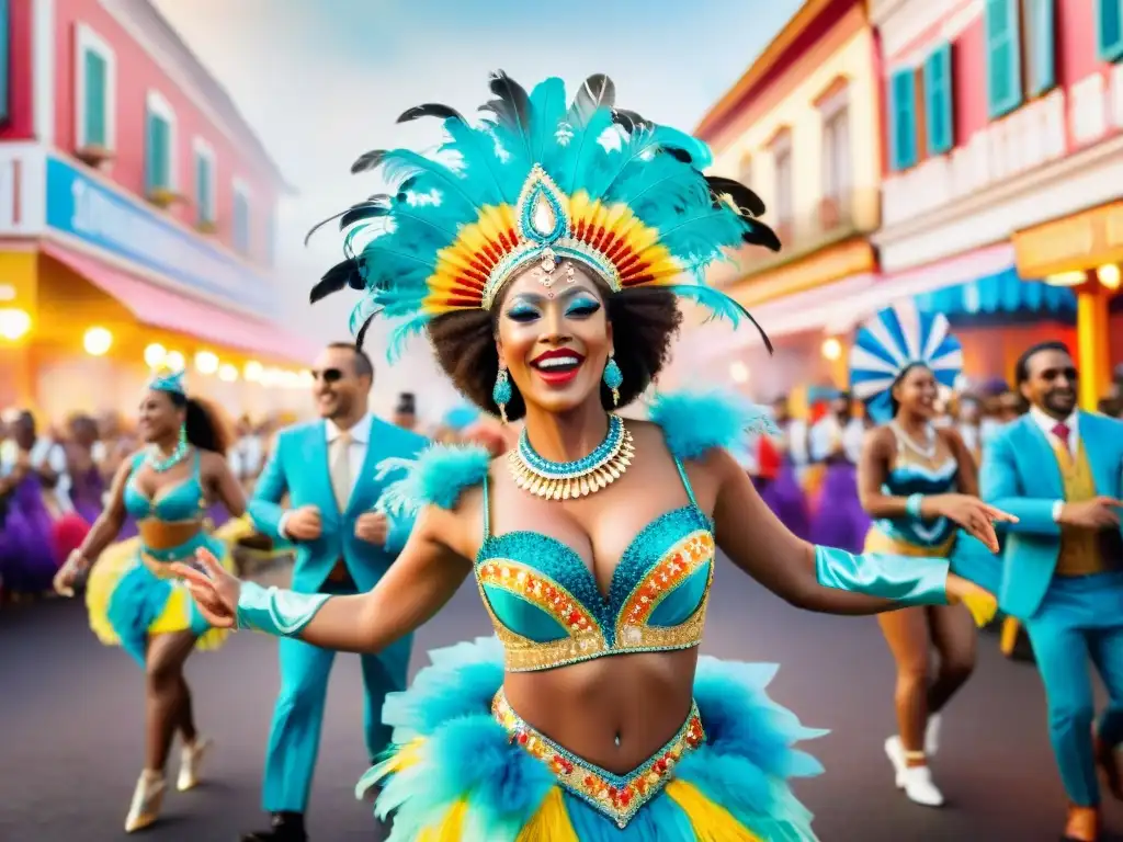 Deslumbrantes bailarines de carnaval en el emprendimiento sostenible del Carnaval Uruguayo