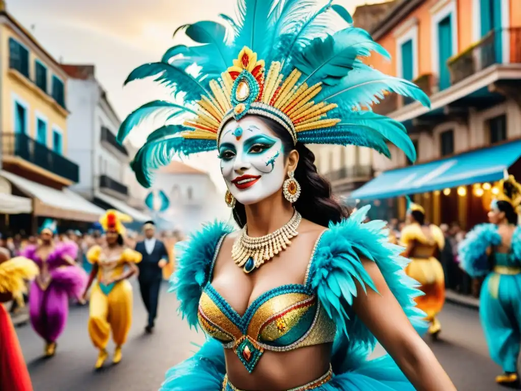 Deslumbrantes bailarines de carnaval en Uruguay, con trajes elaborados y coloridos