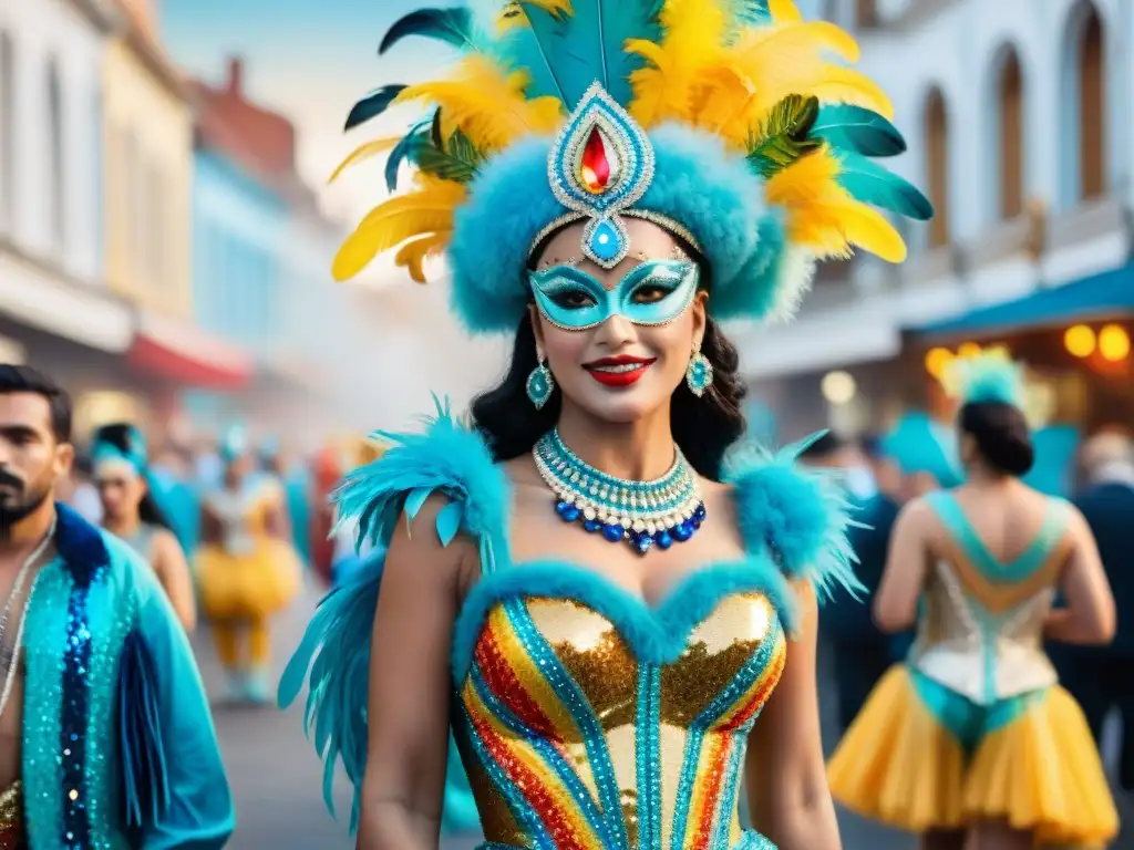 Deslumbrantes trajes de carnaval en las calles de Uruguay, con detalles elaborados y colores vibrantes