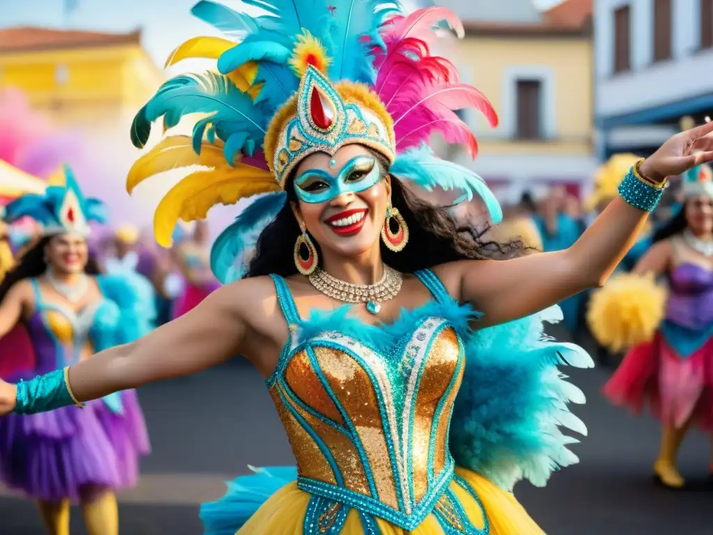 Deslumbrantes trajes del Carnaval Uruguayo: plumas, lentejuelas y colores vibrantes en una fiesta alegre