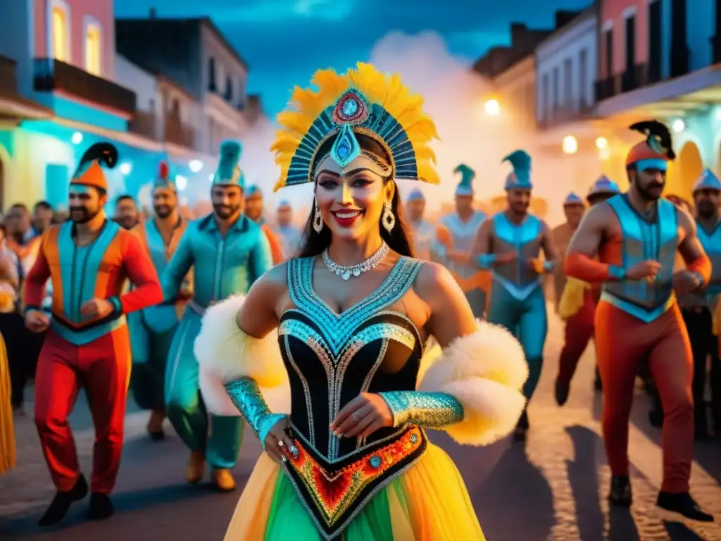 Deslumbrantes trajes tecnológicos Carnaval Uruguayo iluminan la noche en vibrante desfile de danzarines